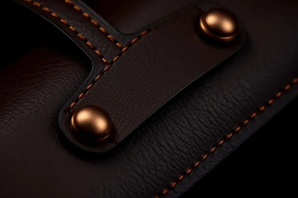 Detalhe de couro premium com costura western, presente nos acessórios da Los Primos Western